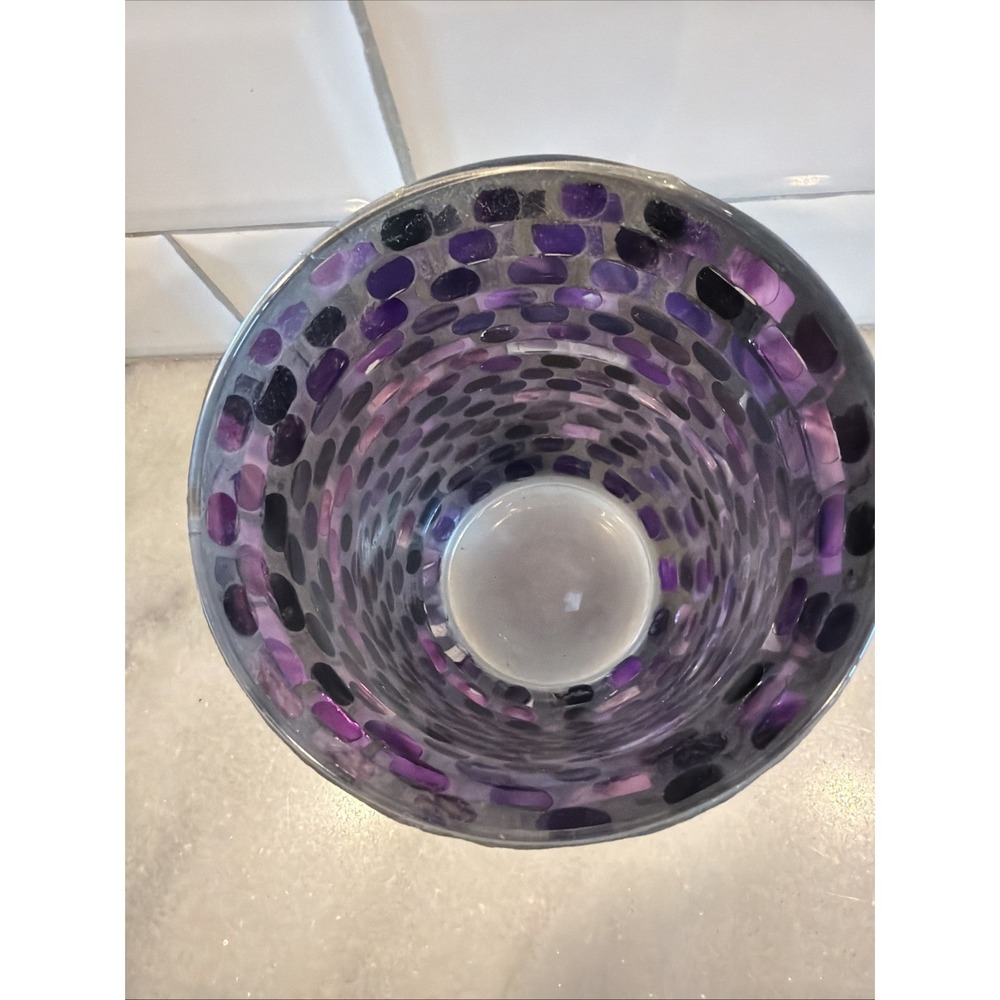 Stunning Vtg Iridescent Purple GLASS MOSAIC HURRICANE LAMP/candle Holder GW993 - Picture 6 of 10
